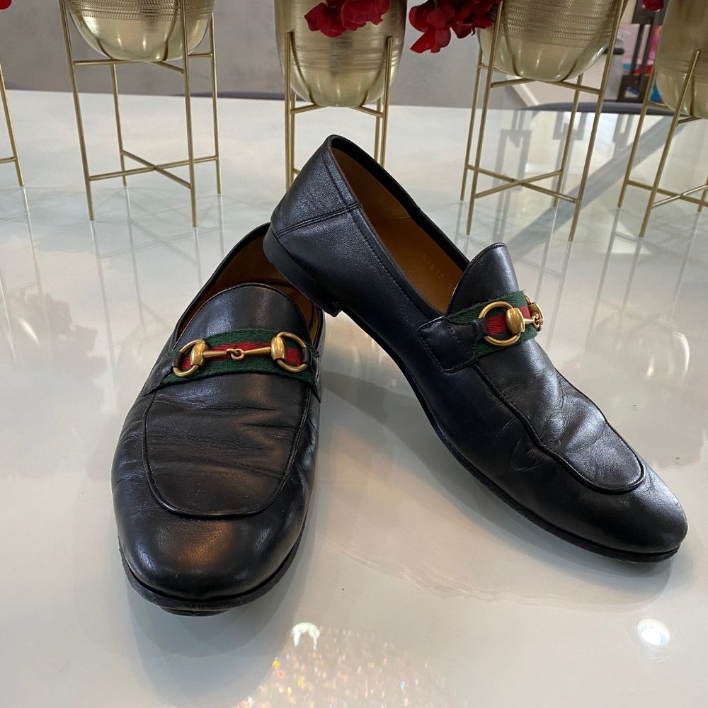 Gucci Mens Web Brizton Leather Loafers Size 10